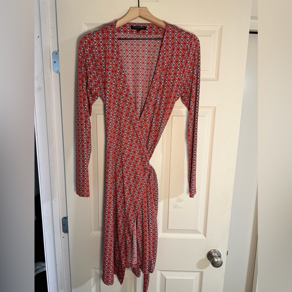 Banana Republic Red & Navy Printed Wrap Dress - Size Medium - 39 inches long